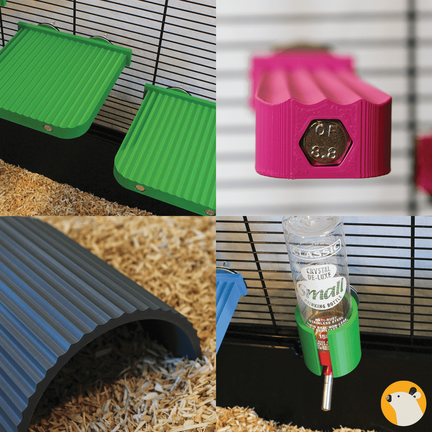 A collage of various Rover Rats platforms, ledges, hideouts, and bottle holders.