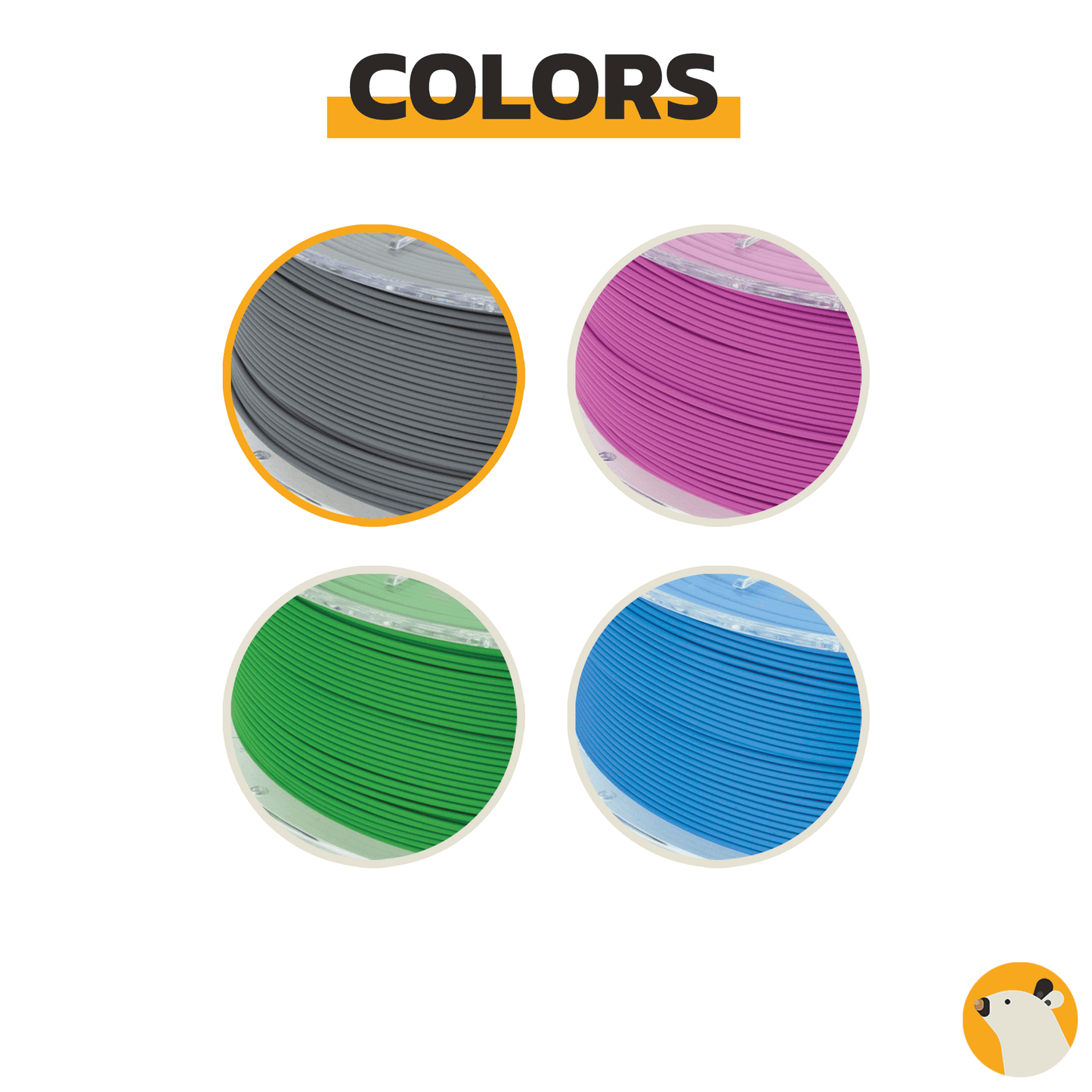 Different color options: gray, purple, green, and blue.