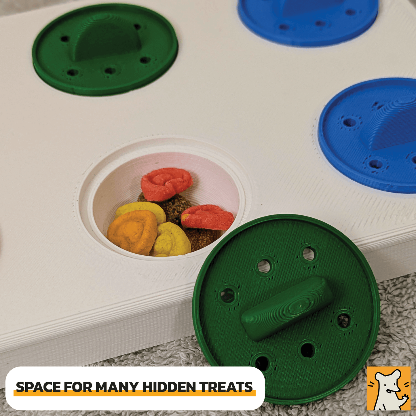 Large foraging puzzle toy showing hidden treats for pets like rats and guinea pigs with removable treat lids.
