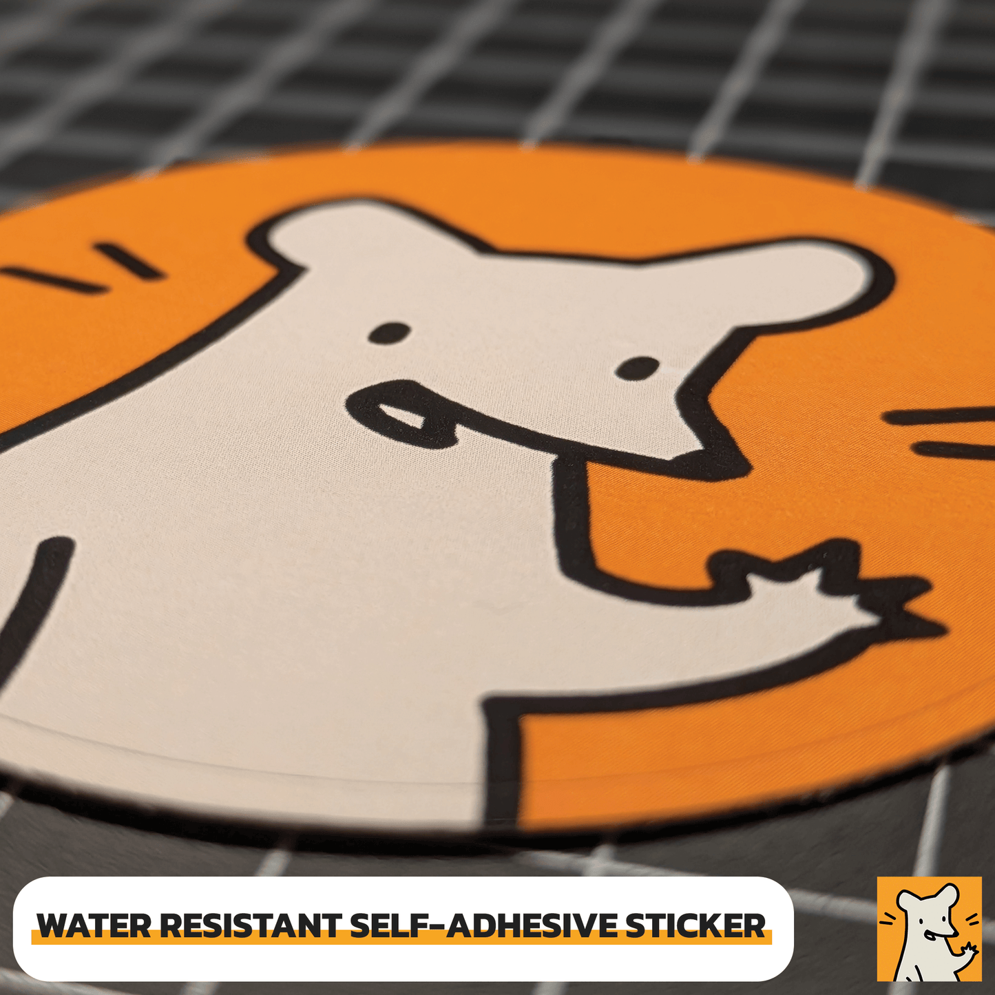Water-resistant self-adhesive sticker featuring a cheerful cartoon rat on an orange background.