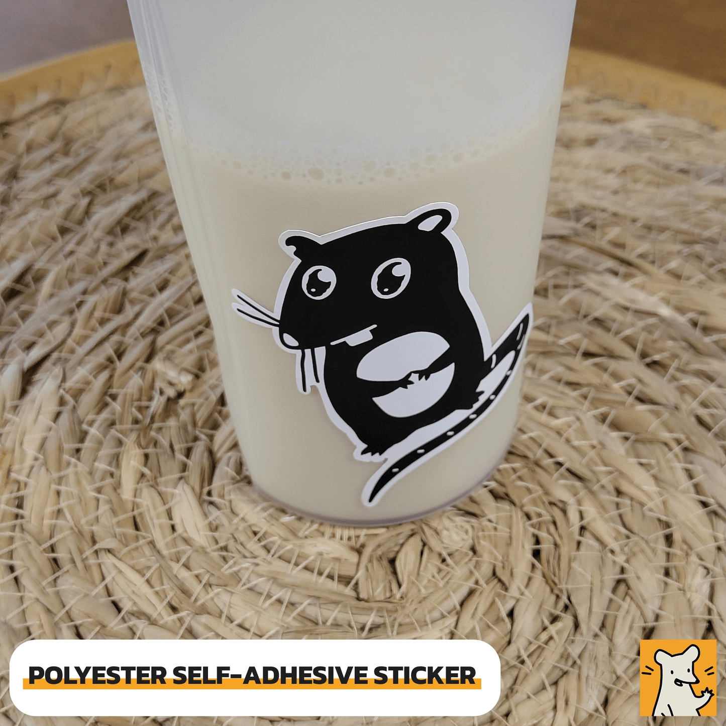 Cute pleading rat sticker on a shaker, showcasing its polyester self-adhesive feature.