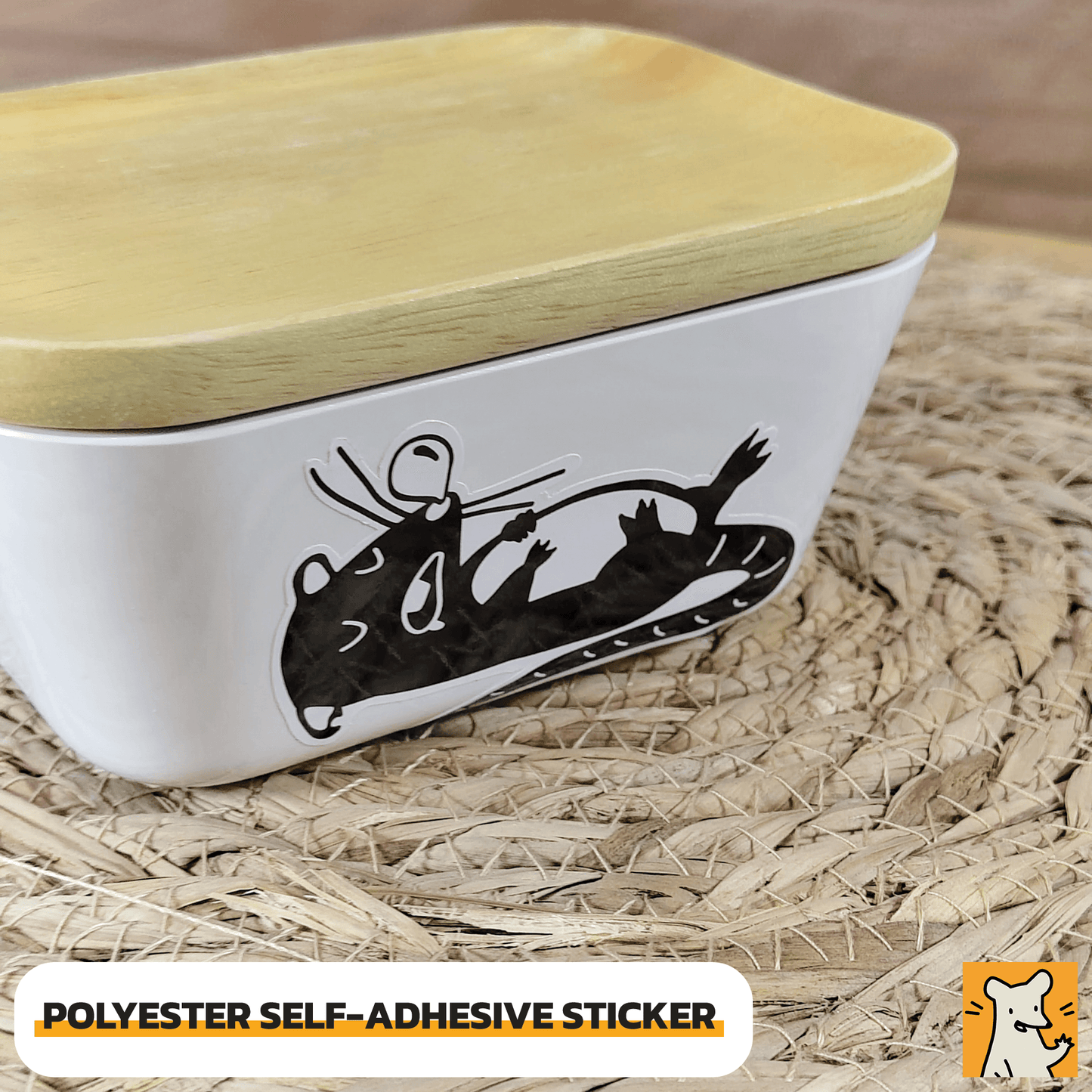 Sleeping rat sticker on a container, featuring a cute illustration of a rat, perfect for decoration and organizational use.
