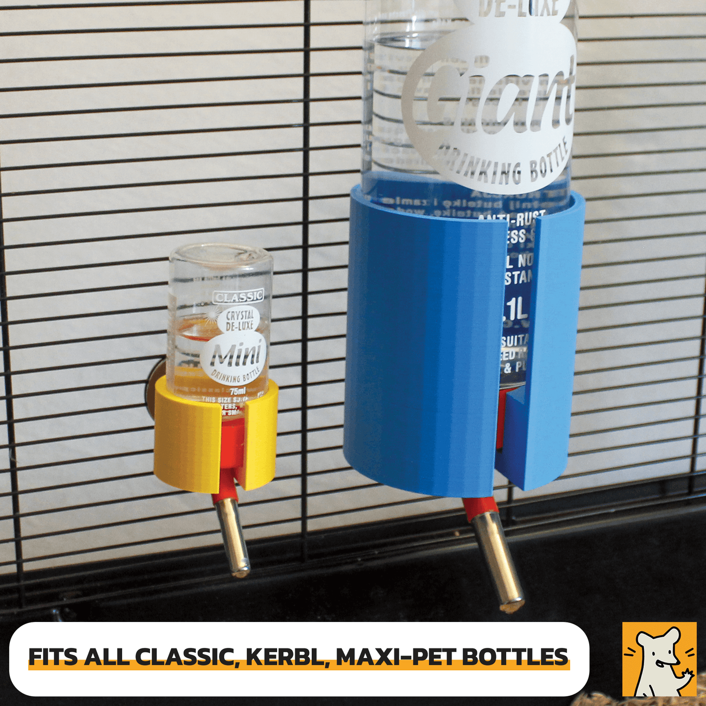 Classic Crystal Deluxe water bottle holder in blue and yellow, fitting various types of pet bottles for small animals.
