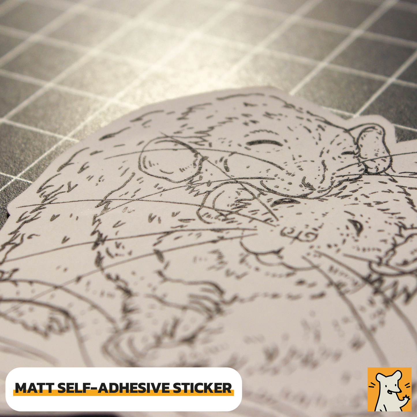 Close-up of a matte self-adhesive sticker featuring hugging rats, ideal for crafts and personalizing items.