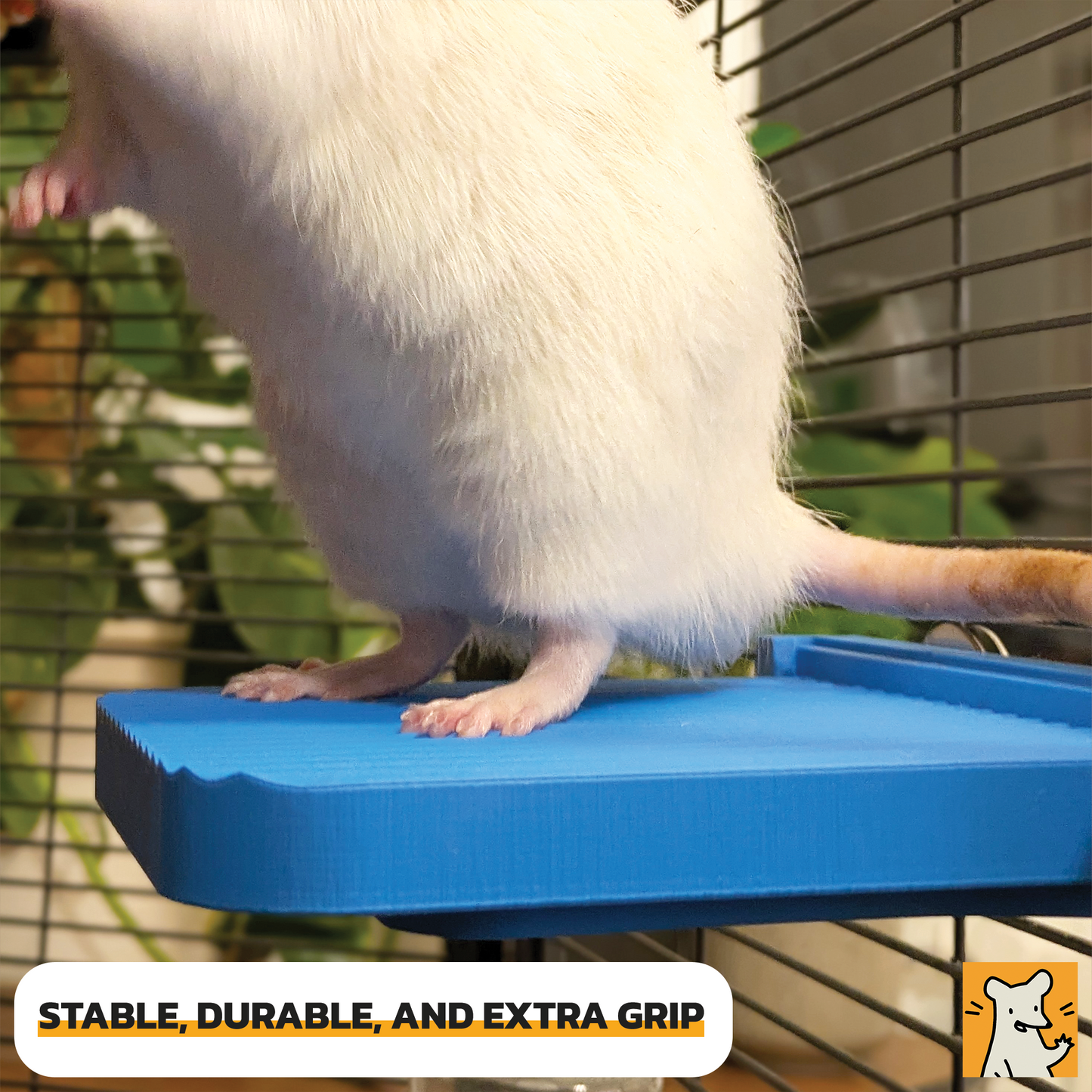 Close-up of a rat on a large blue removable cage platform, showcasing stability and grip for small pets.