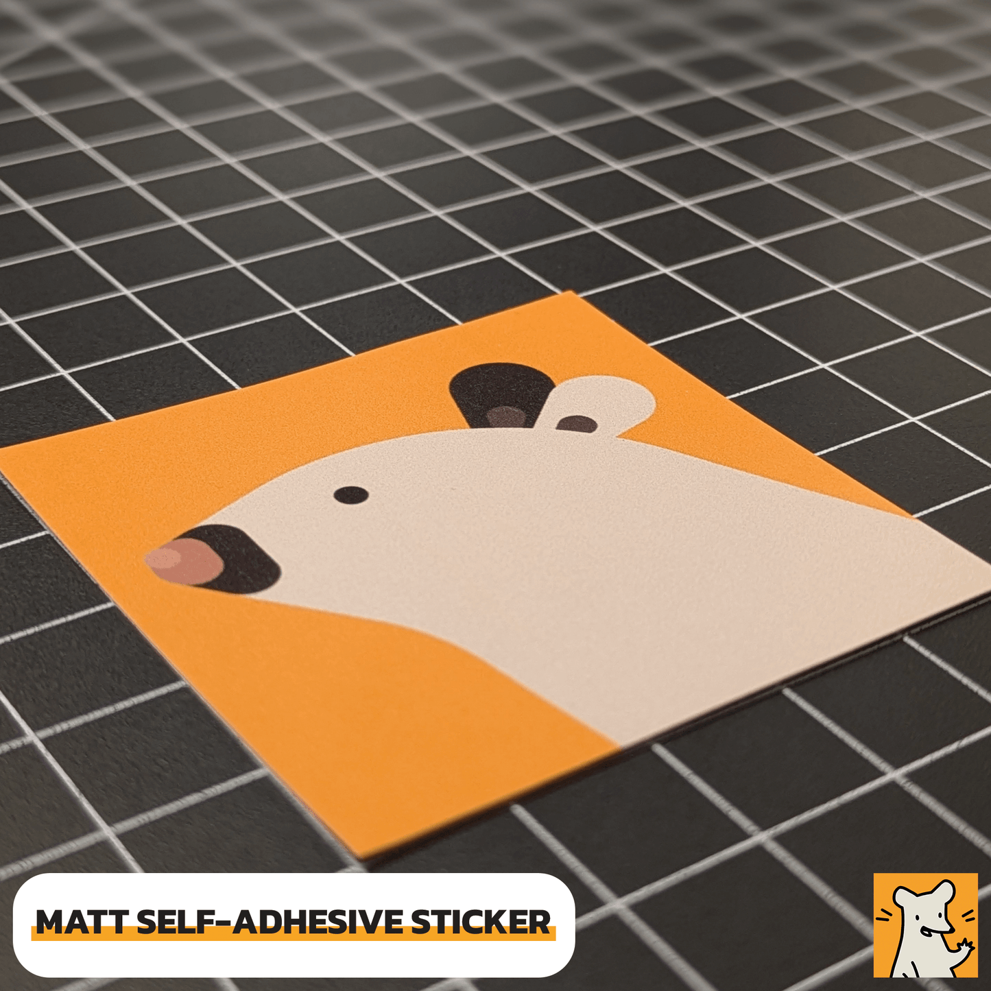 Matt self-adhesive abstract rat sticker featuring a cartoon-style animal face on an orange background.