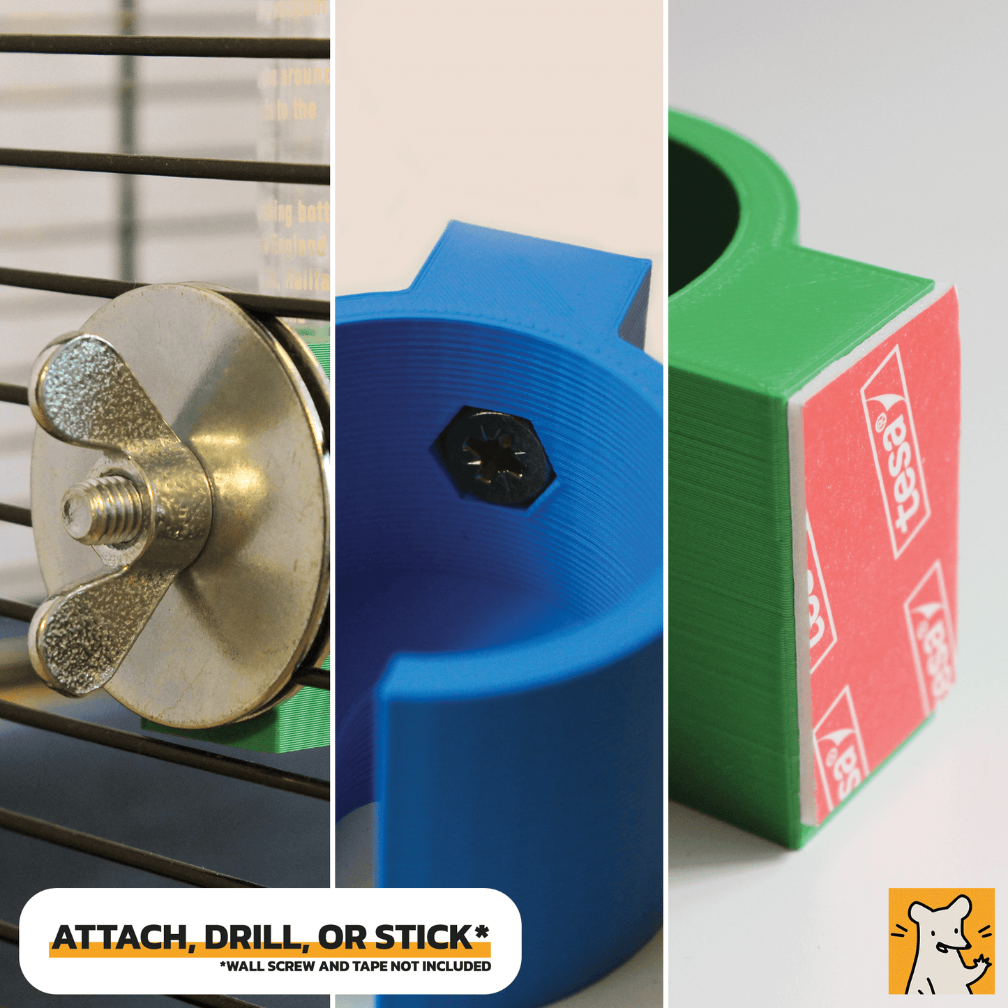 Close-up of various ways you can attach the Classic Crystal Deluxe water bottle holder: attach with tape, drill into the wall, or attach to a cage.