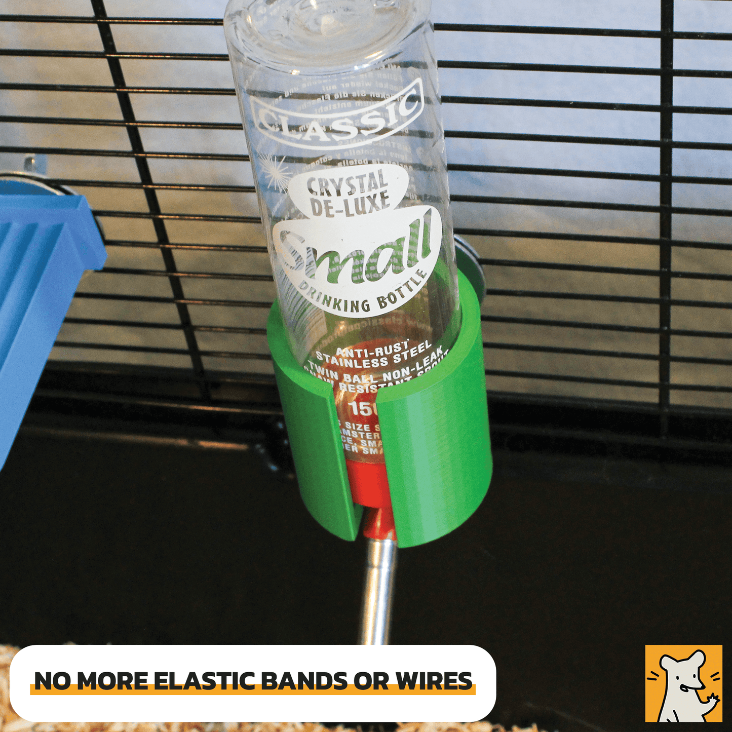 Classic Crystal Deluxe water bottle holder securely mounts to cages, eliminating the need for elastic bands or wires.