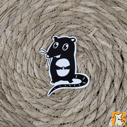 Cute pleading rat sticker on a woven background, showcasing a playful rat design ideal for personalizing items.