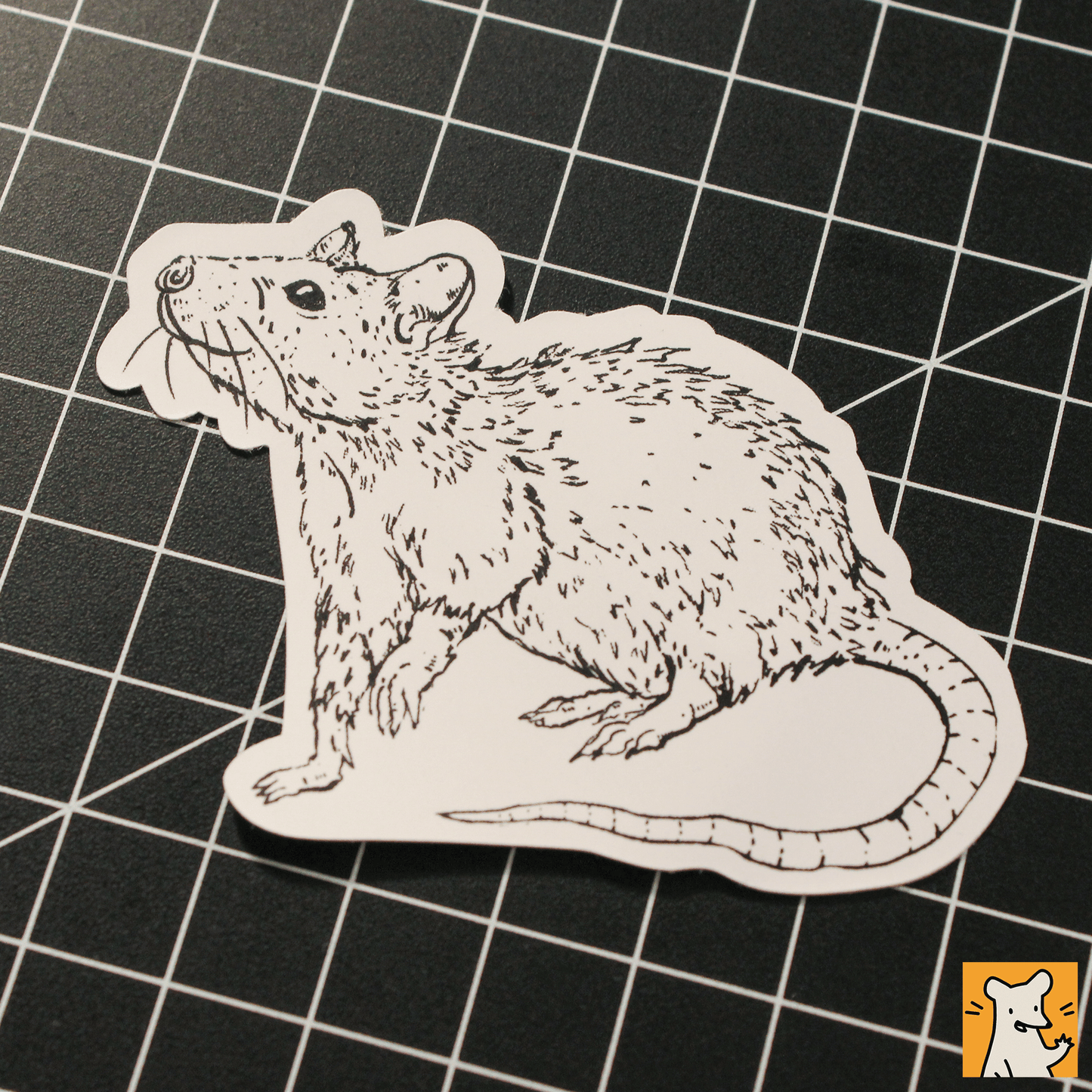 Hand-illustrated cute smiling rat sticker on a grid background, ideal for decorating laptops and notebooks.