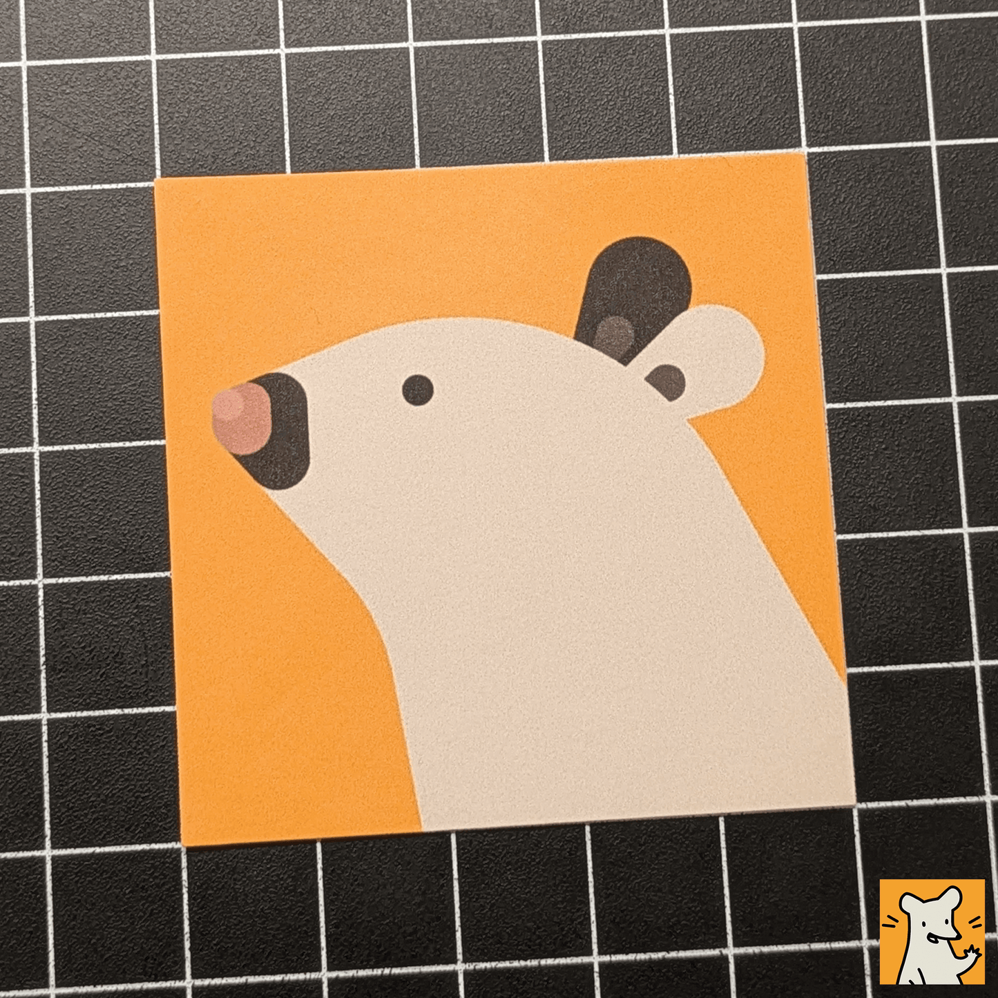 abstract rat sticker design of a rat head sticker with orange background, ideal for crafts and decoration, 5 cm in size.