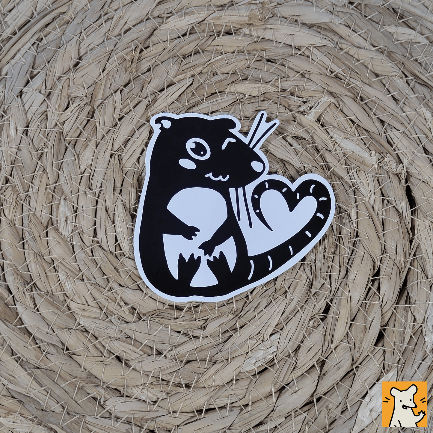Flirting rat sticker featuring a cheeky rat with a heart-shaped tail, perfect for laptops and outdoor use.