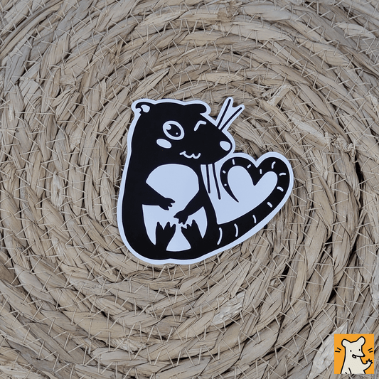 Flirting rat sticker featuring a cheeky rat with a heart-shaped tail, perfect for laptops and outdoor use.