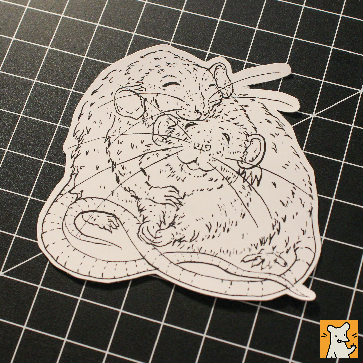 Illustration of two hugging rats on a matte vinyl sticker, perfect for laptops and crafts.
