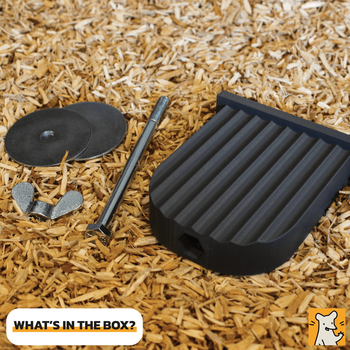 Small rat cage platform box contents including the platform, screws, and bolt on bedding.