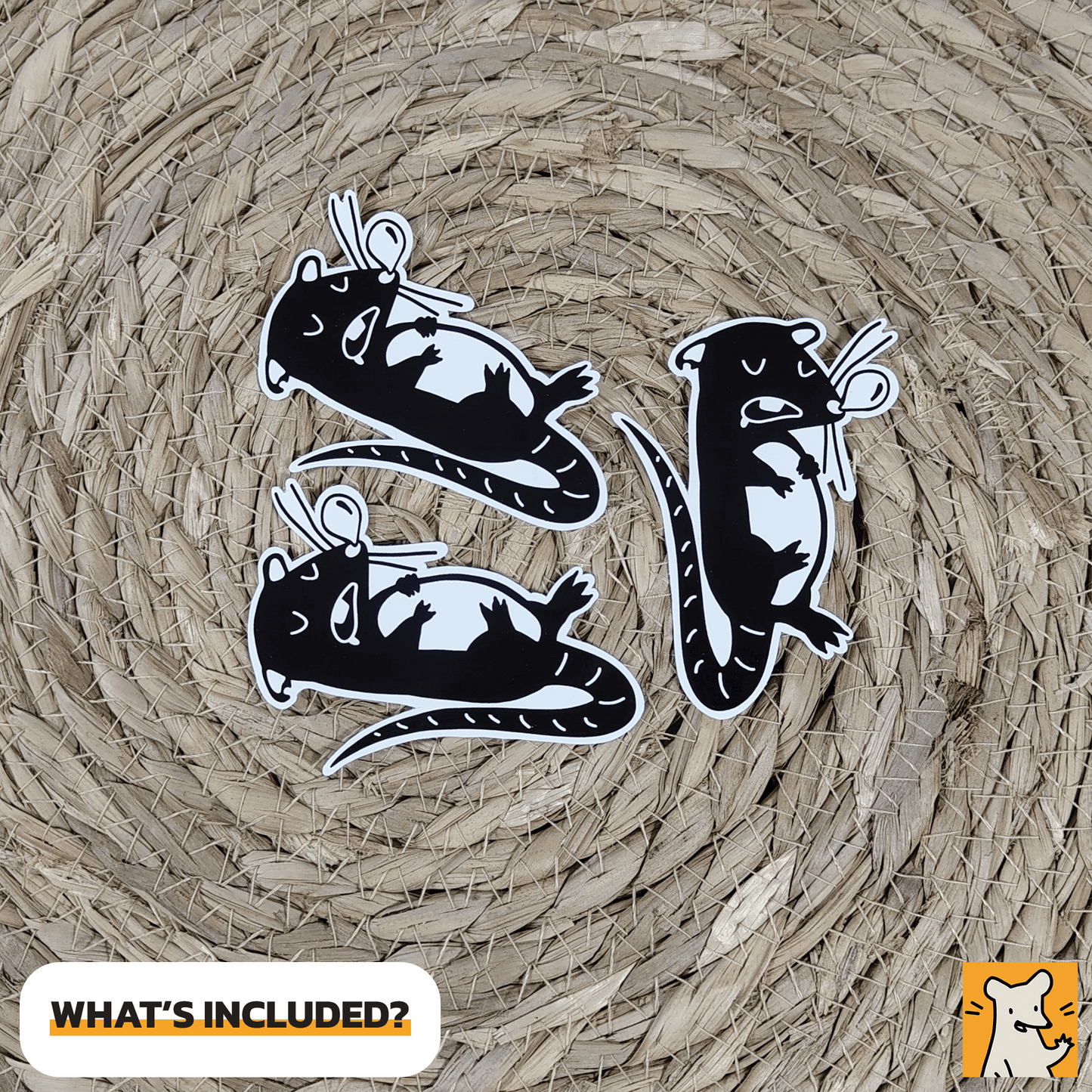 Three sleeping rat stickers displayed on a woven background, featuring adorable rats with snot bubbles.