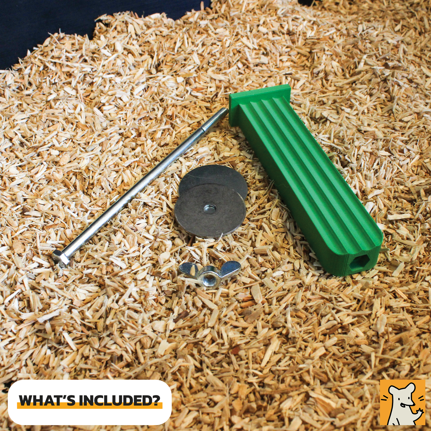 Included accessories for rat cage ledge: green ledge, metal bolt, washers, and nut on bedding.