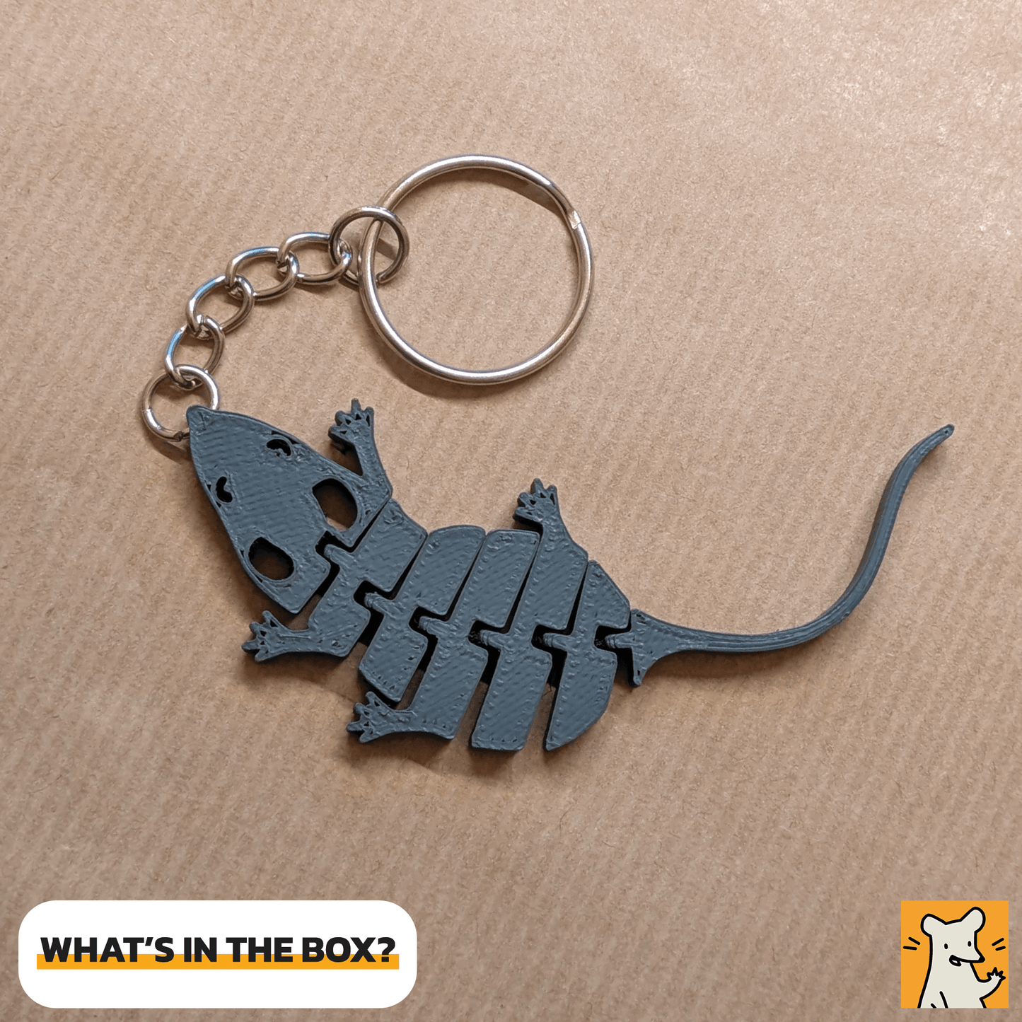 Articulated rat keychain charm in gray, perfect for rat lovers and small pet enthusiasts.