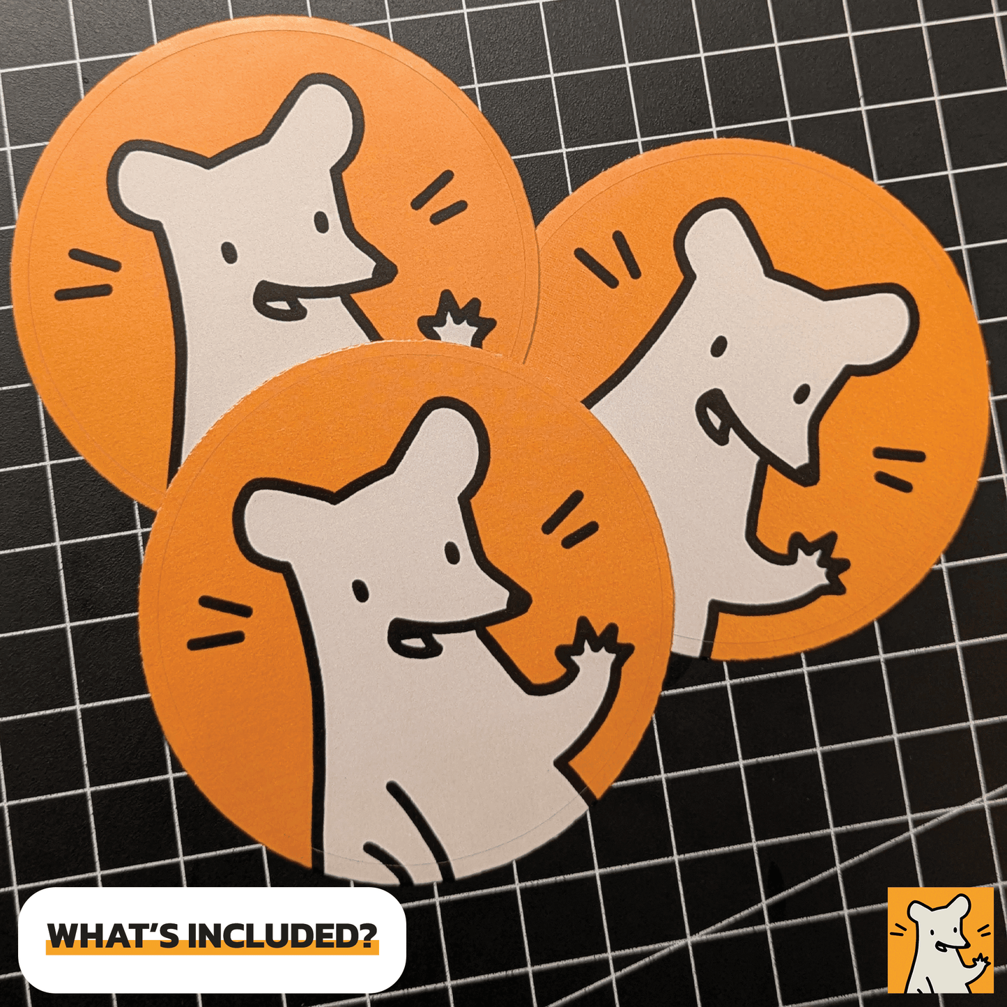 Three Rover the Rat stickers on an orange background, showcasing a playful design, ideal for crafts and laptops.