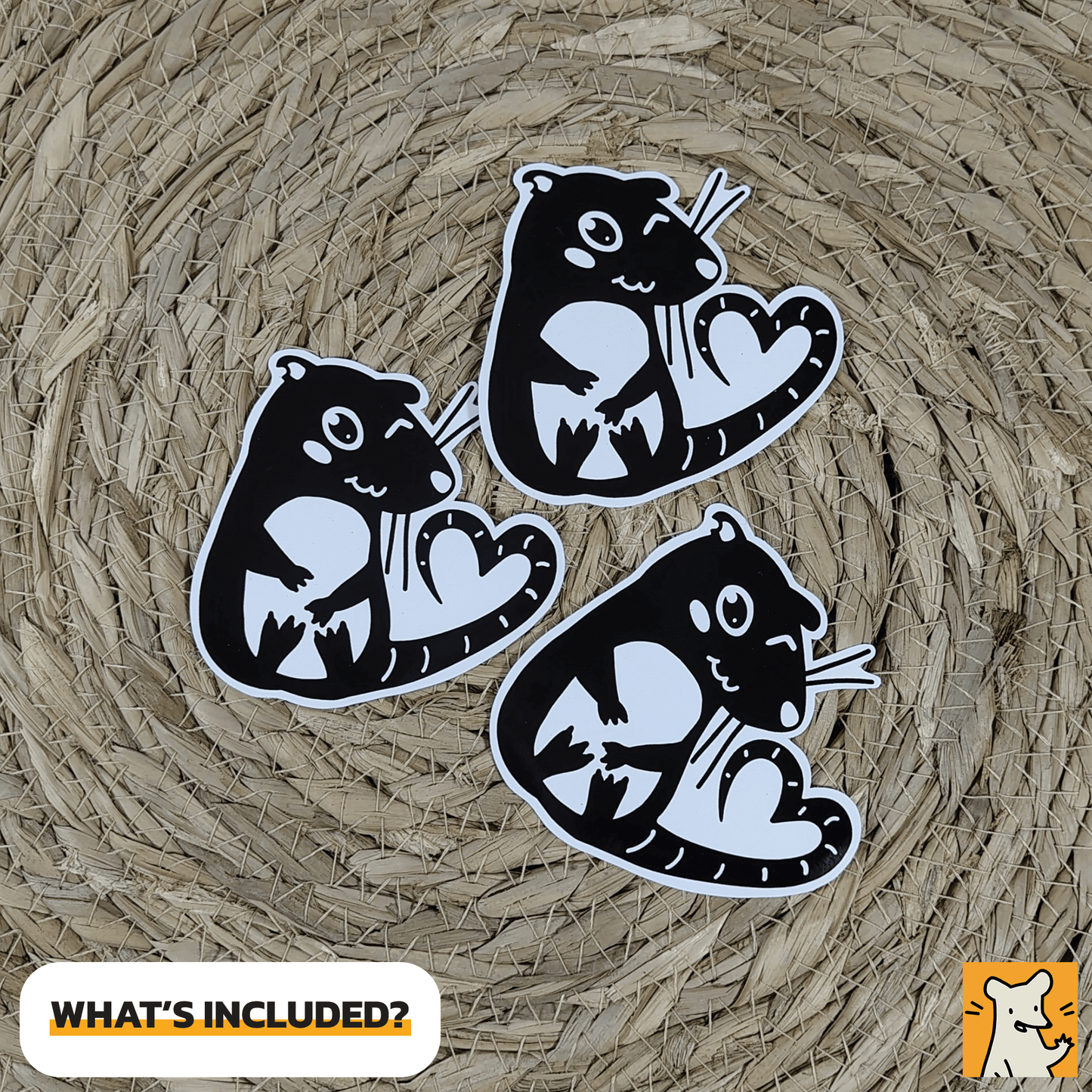 Three flirting rat stickers featuring a cheeky rat with a heart-shaped tail on a textured background.
