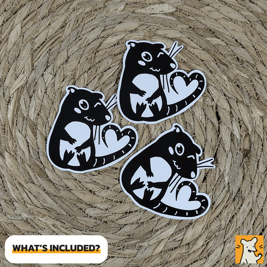 Three flirting rat stickers featuring a cheeky rat with a heart-shaped tail on a textured background.