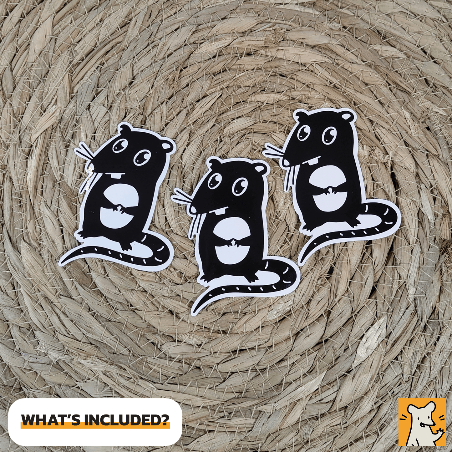 Cute pleading rat sticker set of 3 on a woven background, perfect for laptops and outdoor use.