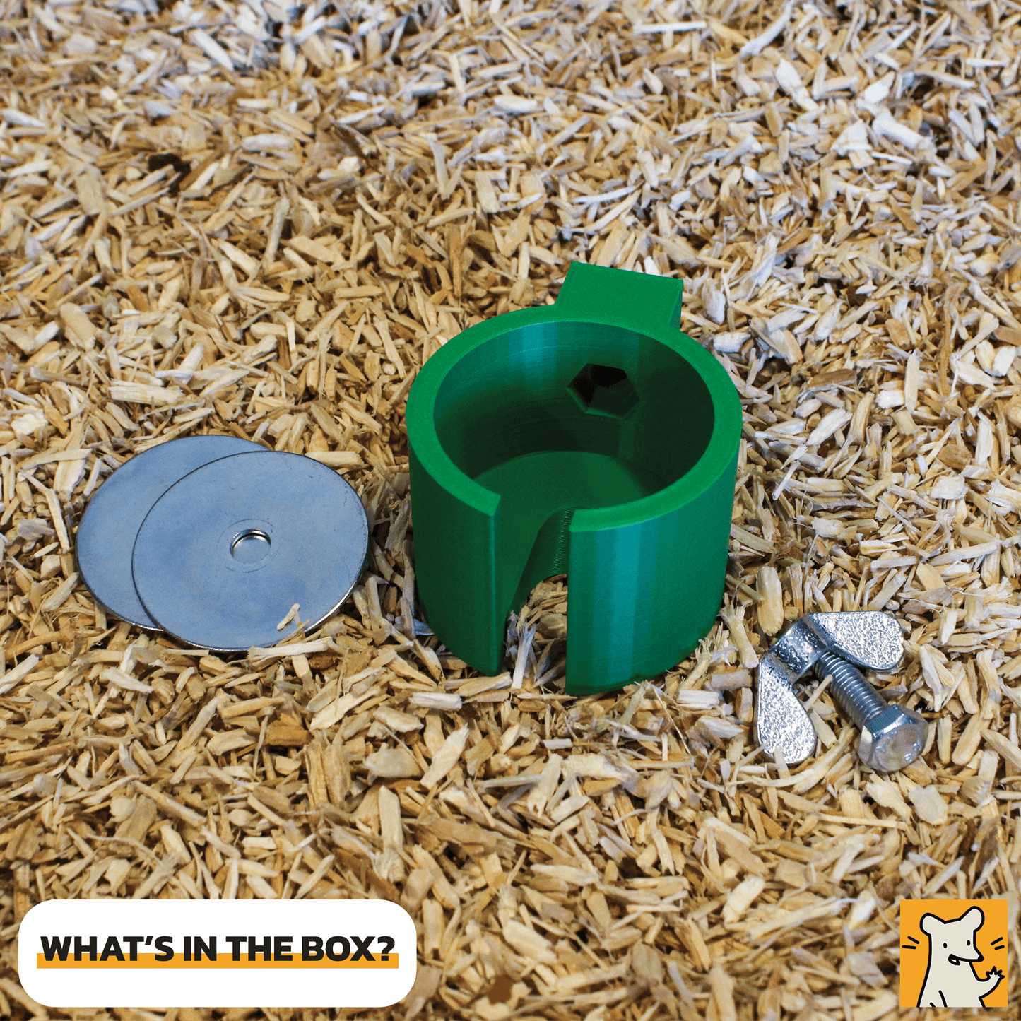 Green water bottle holder with metal washers and screws on bedding material.