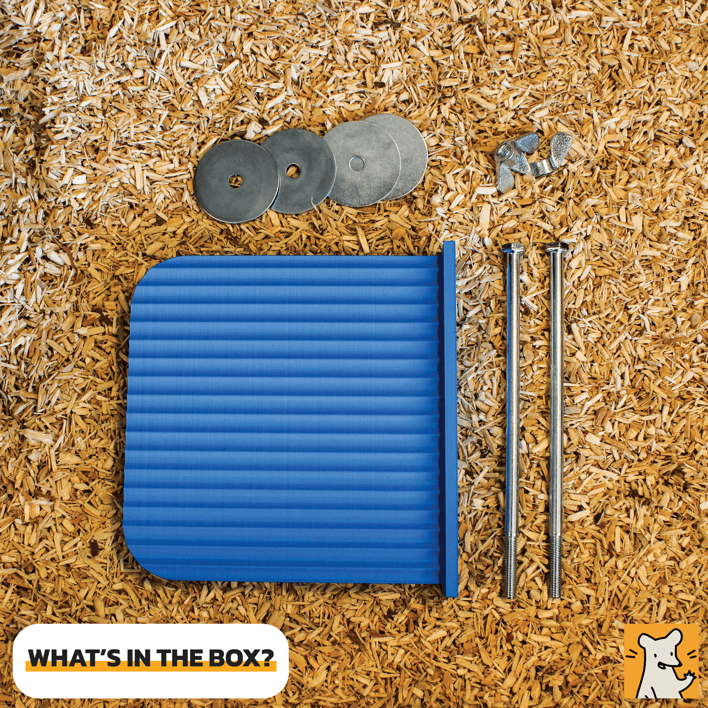 Large rat cage platform in blue, with screws and washers, placed on wood shavings, perfect for pet habitats.