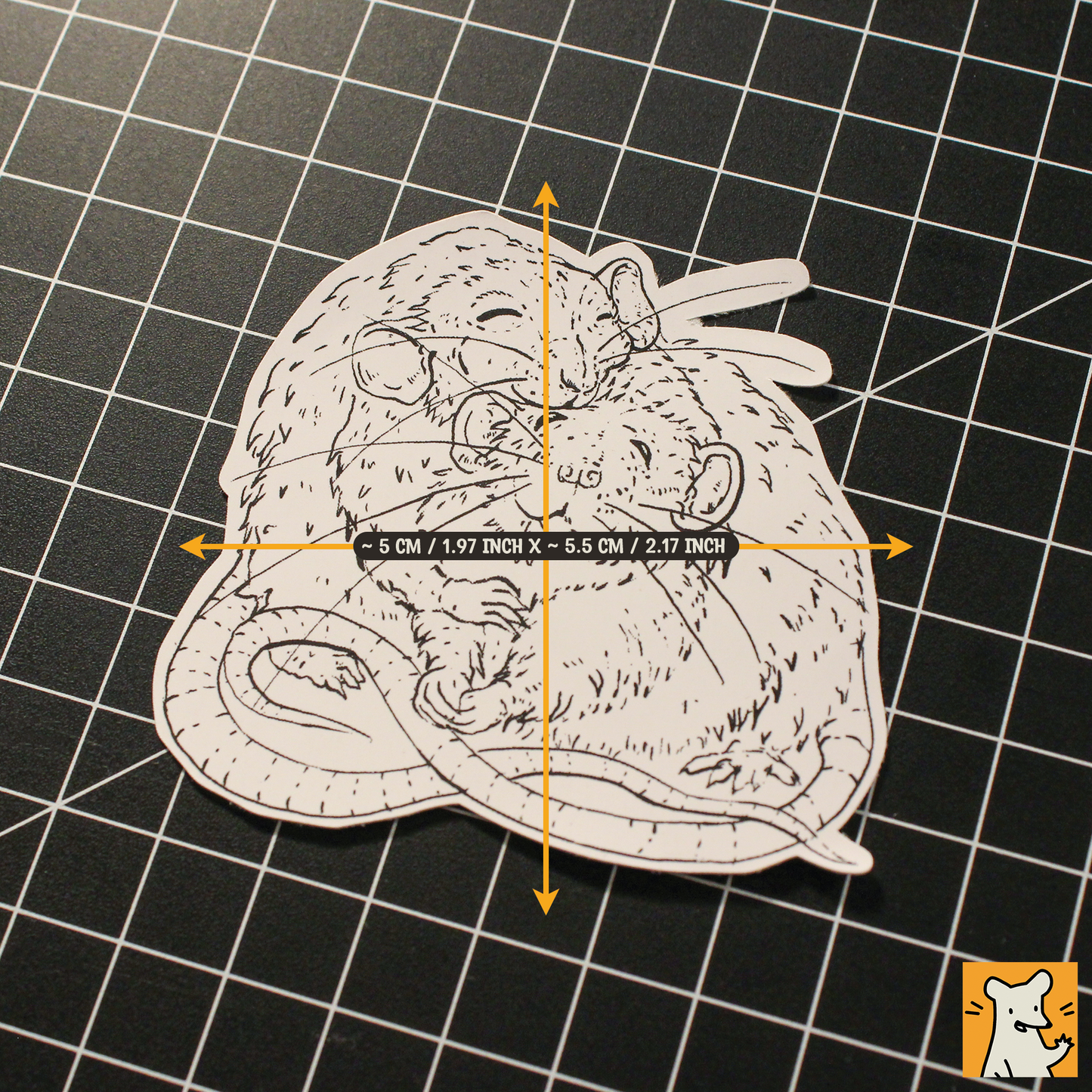 Hugging rat sticker design on grid background, measuring 5 cm x 5 cm, perfect for crafts and notebooks.