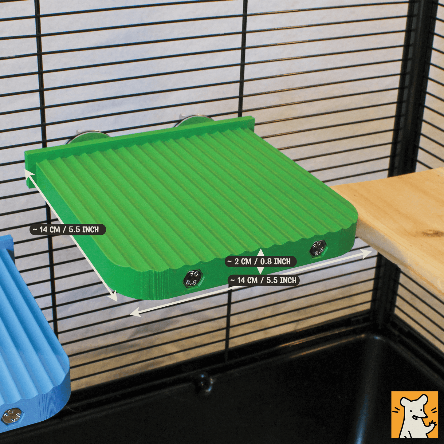 Large 14 cm x 14 cm rat cage platform in green and blue, shown with measurements for climbing and resting areas for small pets.