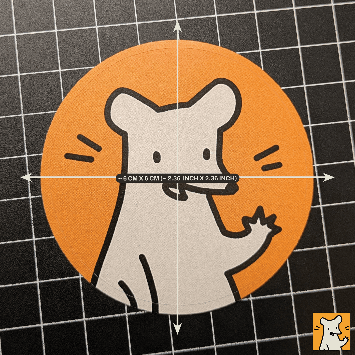 Circle sticker with a cartoon rat on an orange background, measuring 6 cm.