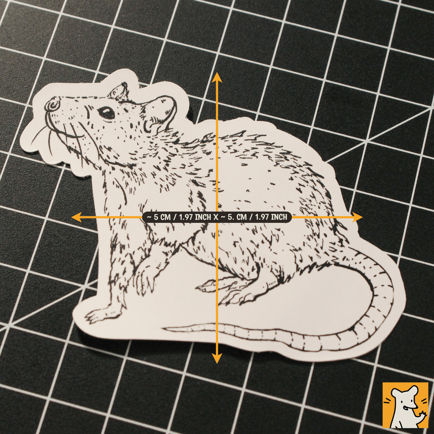 Cute smiling rat sticker on a grid background, measuring 5 x 5 cm, perfect for crafts and laptops.