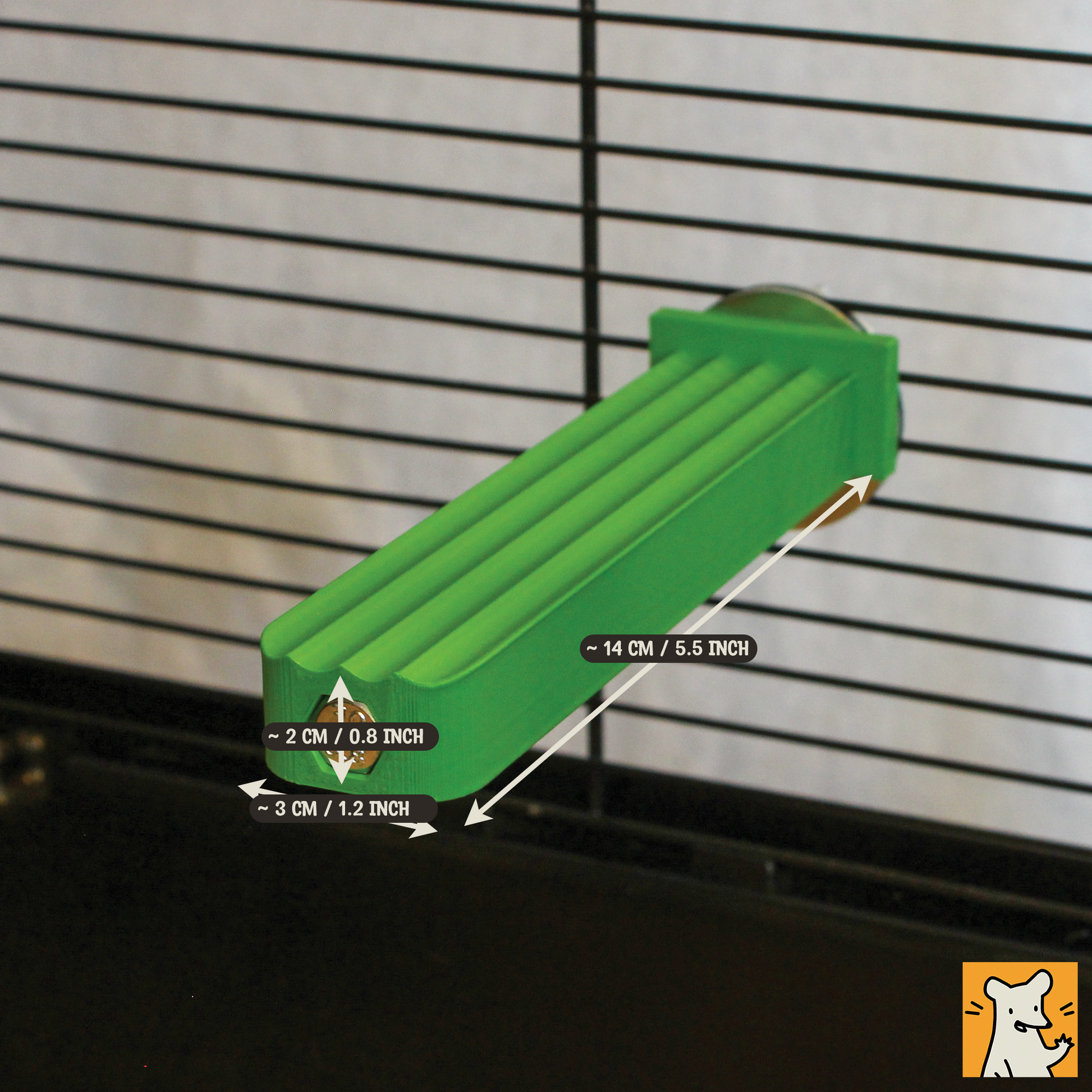 Large rat cage ledge in green, measuring 3 cm x 14 cm, designed for small pets' climbing and exploring.