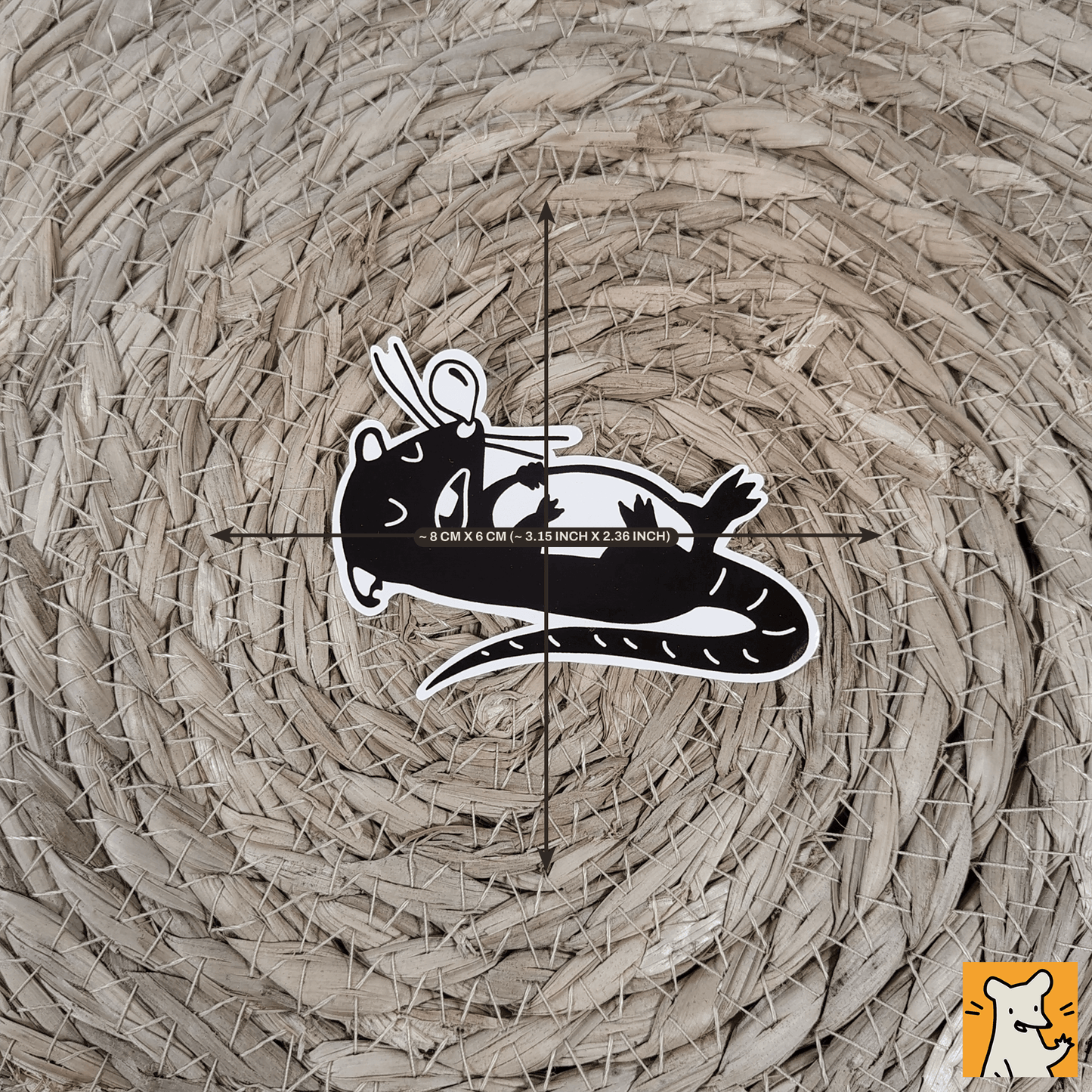 Sleeping rat sticker on a woven background, showcasing the adorable design with drool and a snot bubble.