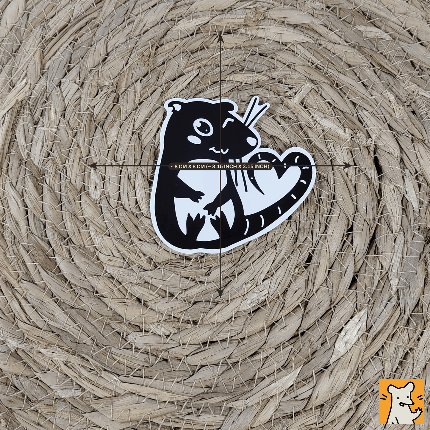 Flirting rat sticker featuring a cheeky rat with a heart-shaped tail on a woven background.