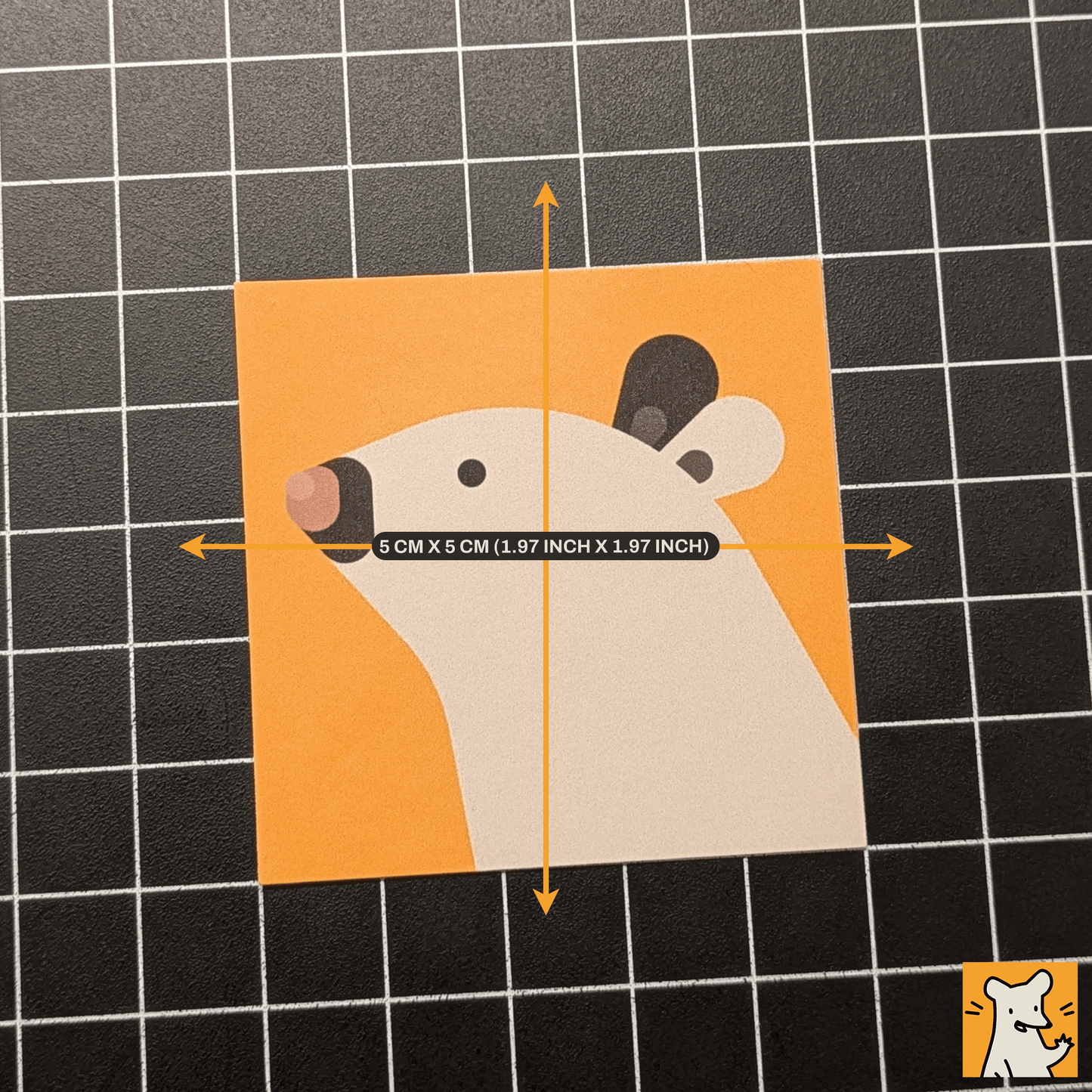 Abstract rat sticker design on orange background, size 5 cm x 5 cm, ideal for crafts and decorations.