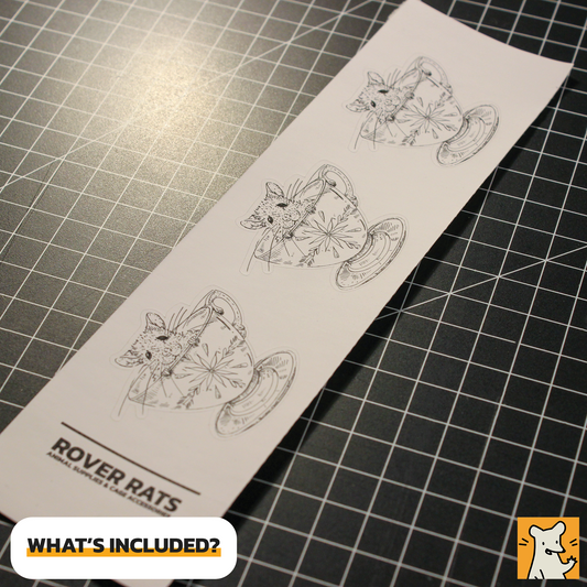 Sheet of three baby rat stickers in cups, hand-illustrated design for laptops and crafts.
